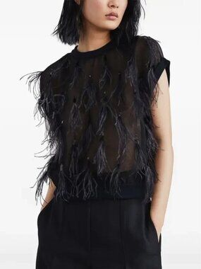 Brunello Cucinelli Black Silk Top with Feathers Blouse Size XS